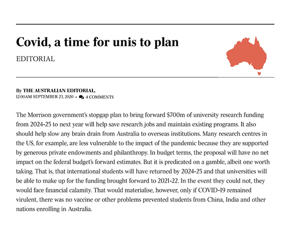 Excerpt from The Australian editorial 'Covid, a time for unis to plan'